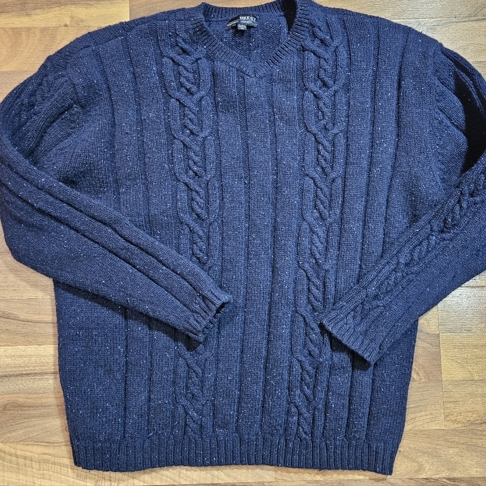 BKE 67 Cable Knit Sweater Blue Size XL Lambswool Cotton Nylon